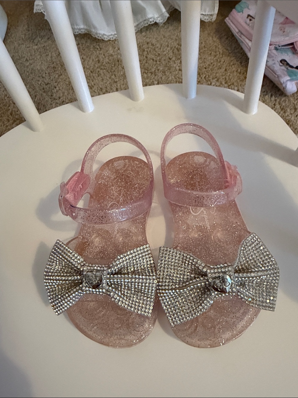 Jessica Simpson Pink Glitter Jelly Sandals with Rhinestone Bow Accent